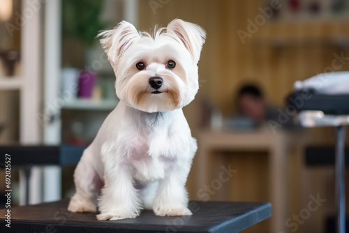 Trendy Dog Gets Stylish Cut From Professional Groomer. Сoncept Fashionable Pup, Expert Grooming, Stylish Haircut, Pampered Pets, Trendy Canines
