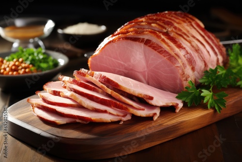 Traditional Ham With Honey Glaze, Sliced Thin. Сoncept Classic Side Dishes, Holiday Feast, Festive Table Settings photo