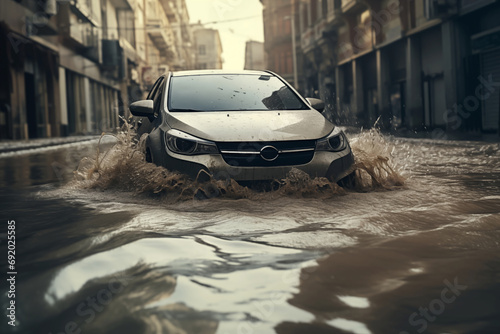 A car driving down a street flooded with water. Climate change and an increase in the number of weather disasters in the world.
