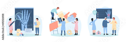 Diagnosis of bone diseases, injury of arm set vector illustration. Cartoon tiny doctors treat broken sick arm with ice and bandage, people examine xray of human wrist with magnifying glass in hospital