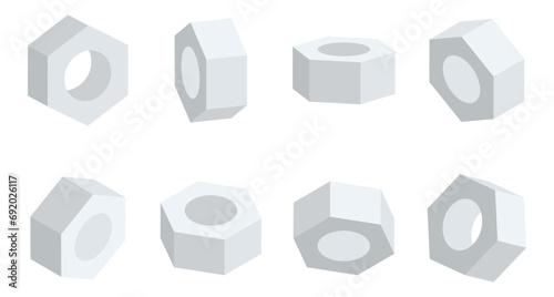 3D nut in various angles vector. Nuts top view