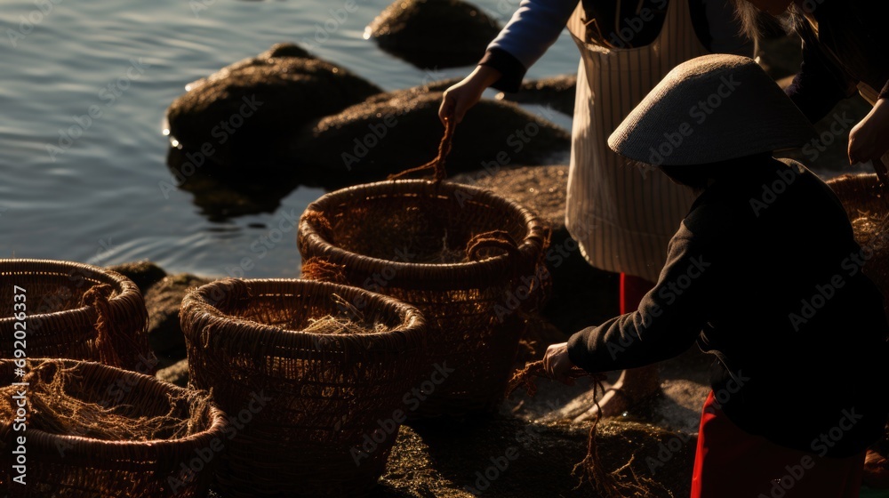 A coastal community gathering seaweed during low tide, with baskets full of the day's harvest - obrazy, fototapety, plakaty 