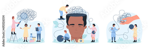 Mental health problem and treatment, psychology set vector illustration. Cartoon tiny people holding magnifying glass to research knot of tangled thread, psychologists help to untangle thoughts mess