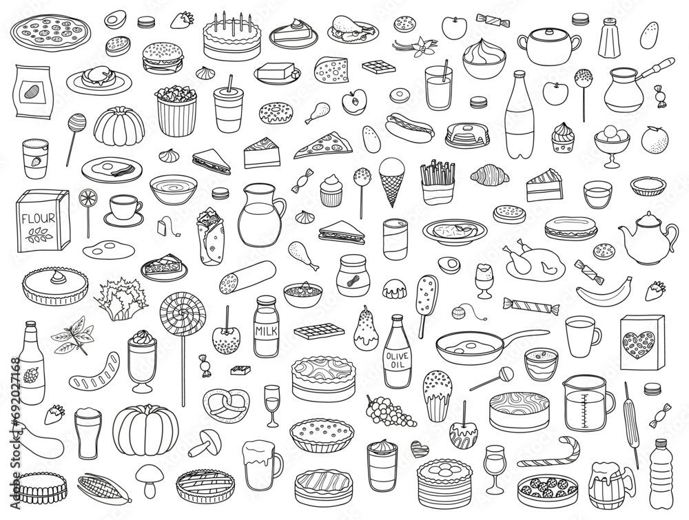 Set of doodle food, drink and sweets icons.