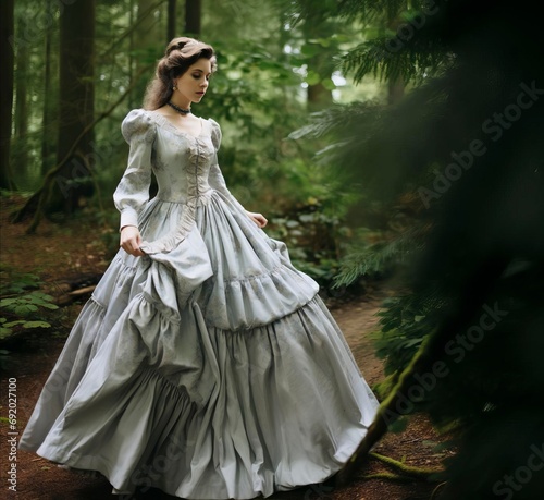 Beautiful young woman in Victorian era dress walking through woodland