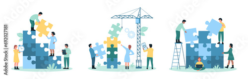 Business cooperation and partnership set vector illustration. Cartoon tiny people build puzzles tower from pieces, effective team building with construction crane and teamwork to make new project
