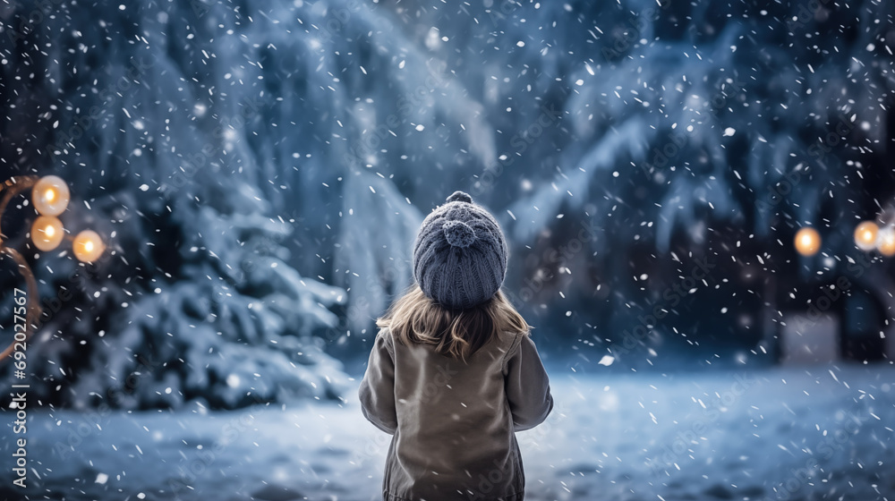 Rear view of happy child standing in awe, gazing at falling snowflakes for the first time, generative ai