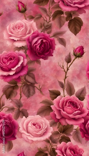 pink and magenta roses, Victorian style illustration