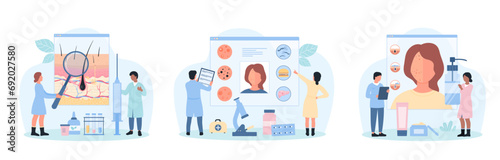 Dermatology and trichology examination set vector illustration. Cartoon tiny people research reasons of acne disease and hair loss, dermatologists and trichologists advise treatment therapy to patient