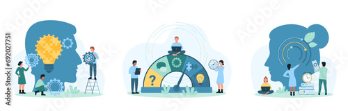 Soft business skills set vector illustration. Cartoon tiny people improve problem solving and social communication ability, critical thinking and adaptation quality of light bulb ideas of person