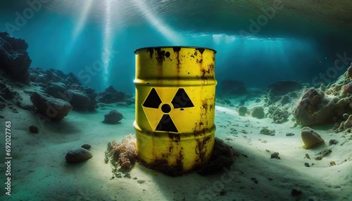 Yellow barrels for radiation hazard waste at the bottom of the ocean. Concept water radioactive pollution photo