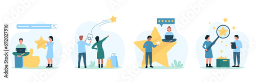 Customers feedback set vector illustration. Cartoon tiny people give thumbs up and gold star to recommend positive experience from quality of product, clients with magnifying glass select best service