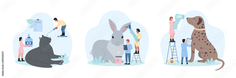Veterinarian appointment at vet clinic set vector illustration. Cartoon tiny doctors with otoscope and medical infrared thermometer examine health of ear and body temperature, put drops in eyes