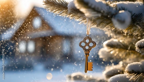 Key to House decorate snowy Christmas tree in the yard. Winter landscape during snowfall. Background for real estate, moving home or renting property concept. © Juri_Tichonow