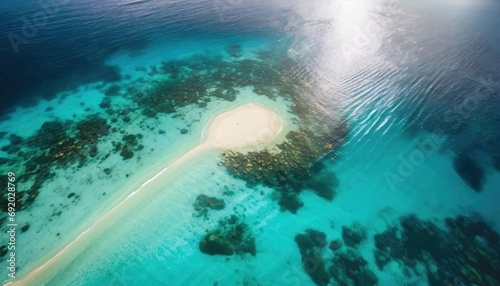 Aerial drone view of seascape with clear ocean water and sandspit or sandbar. A small sandy islet, tropical Island in sea. photo