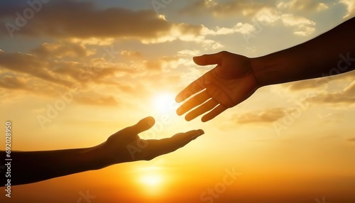 Helping hand concept. Human male hands reaching out to help each other outdoors nature background. Panorama with copy space.