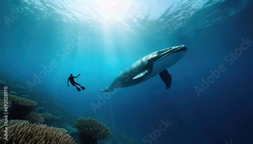 Gray whale underwater approaching a scuba diver in the deep blue sea waters. Panorama with copy space.