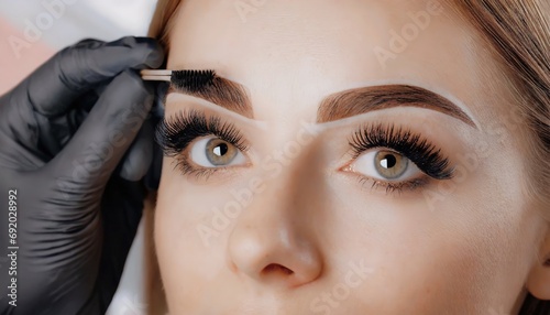 Young woman face during professional eyebrow mapping procedure before permanent makeup and lamination. Artist does long-lasting styling of the eyebrows with hair coloring. Panorama with copy space. photo