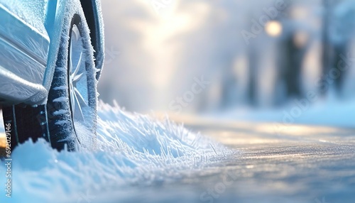 Concept of changing tires on car wheels when winter begins. Close-up car wheel frozen to the ground due to extreme freezing on snowy icy road. Abnormally cold weather. © Juri_Tichonow