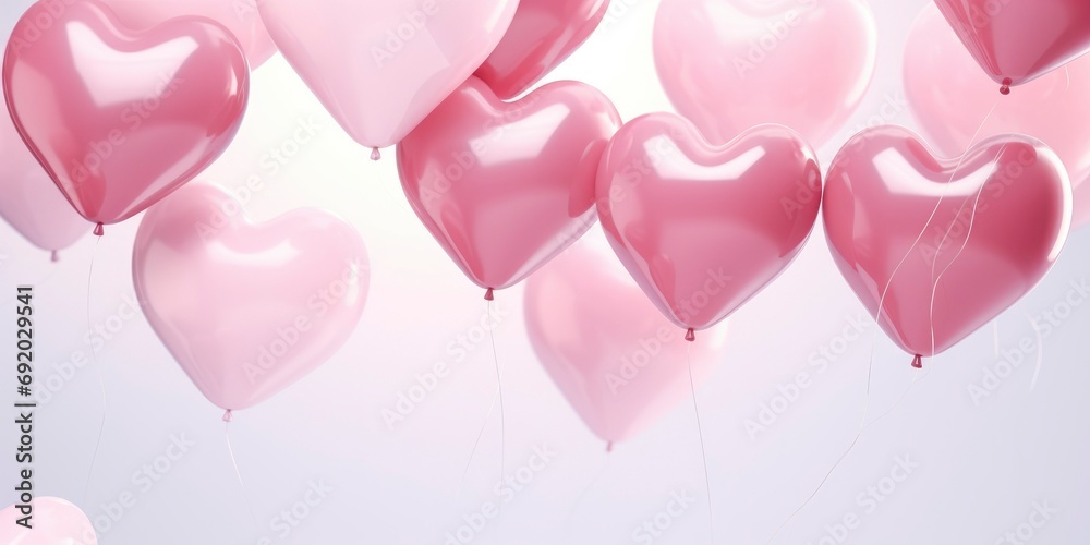 Pink heart balloons floating in the air. Pink balloons flying in the sky. 