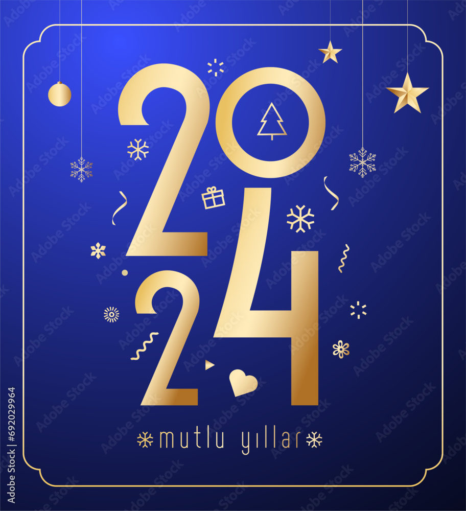 Yeni yıl ve mutlu yillar 2024 2025 tebrik karti. Translation merry