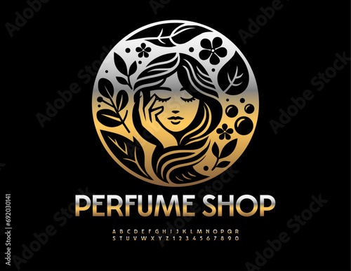 Vector chic logo Perfume Shop with decorative floral emblem with girl. Gold metal Font. Set of elite Alphabet Letters and Numbers