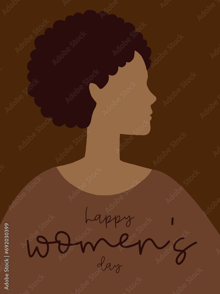Happy women's day greeting card. Poster with dark skin girl. Sho