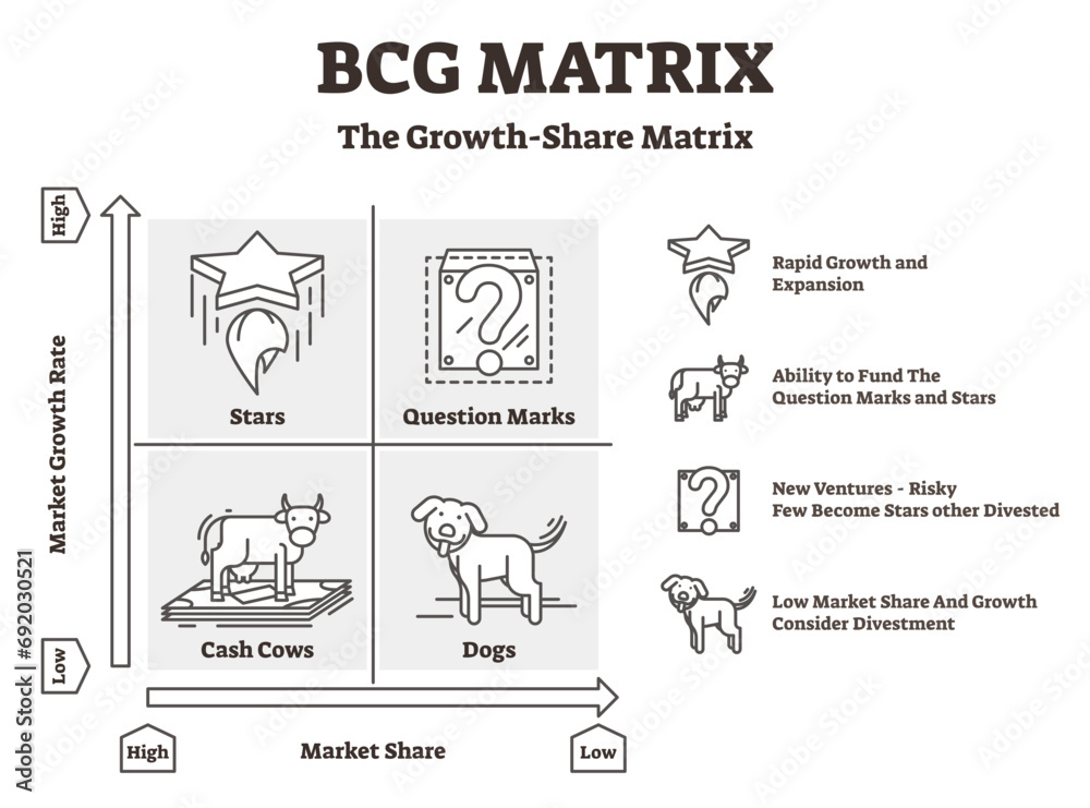 BCG matrix illustration, transparent background. Outlined cash cows and dogs Boston graph. Company financial performance strategy process guidelines to control development. - obrazy, fototapety, plakaty 