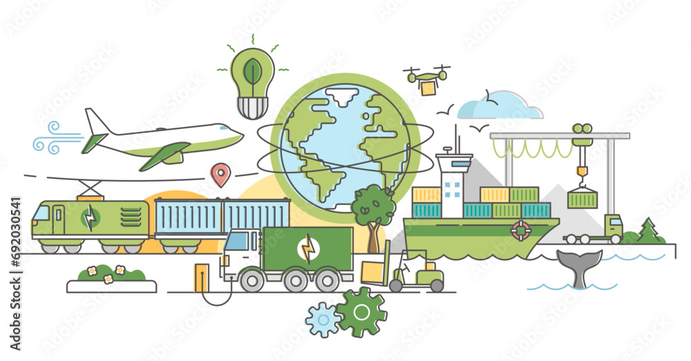 Green logistics illustration and ecological delivery outline concept, transparent background. Sustainable strategy for global shipment or cargo shipping. Air, sea and land transportation.