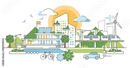 Green infrastructure illustration, transparent background. Ecological city in outline concept. Factory and transportation responsible and sustainable resource consumption.