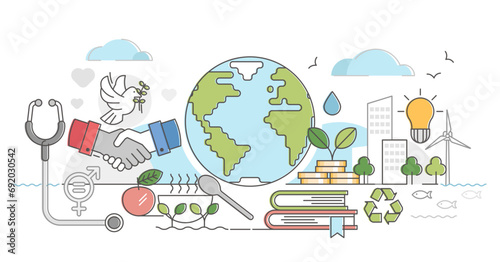 Sustainable nature friendly development outline concept illustration, transparent background. Symbolic visualization with natural environment, sufficient economy or smart energy source.