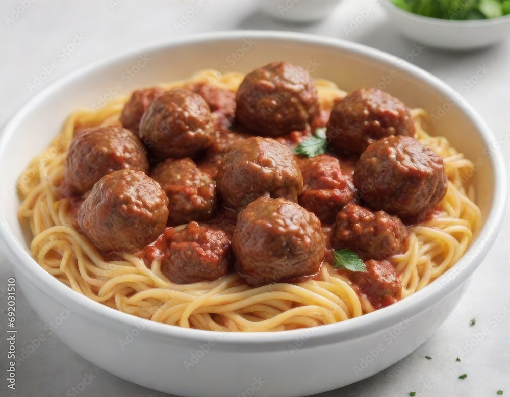 A plate of pasta with meatballs on a white table. Generative AI A plate of pasta with meatballs on a white table. Generative AI