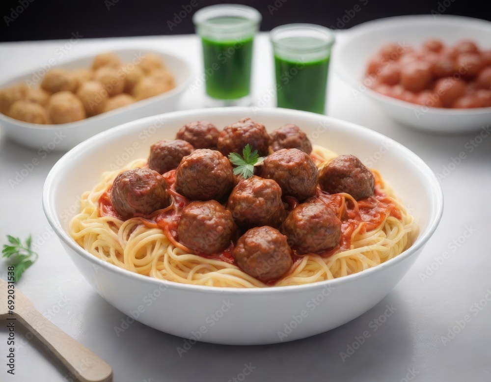 A plate of pasta with meatballs on a white table. Generative AI A plate of pasta with meatballs on a white table. Generative AI