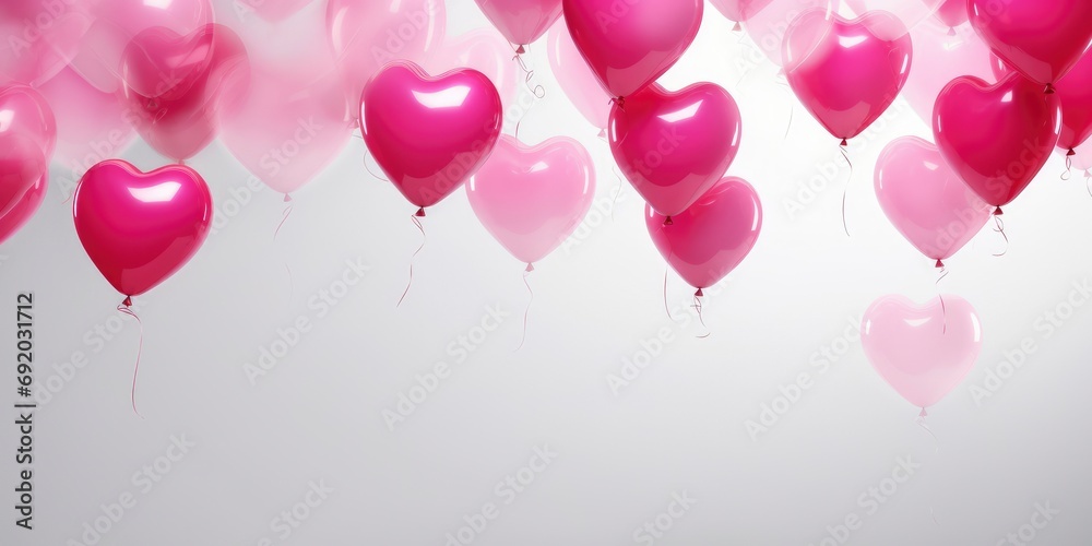 Pink fuschia heart balloons floating in the air. Pink balloons flying in the sky