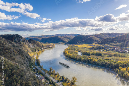 Photography Panorama of Wachau valley (UNESCO) with ship on Danube river near the Durnstein
