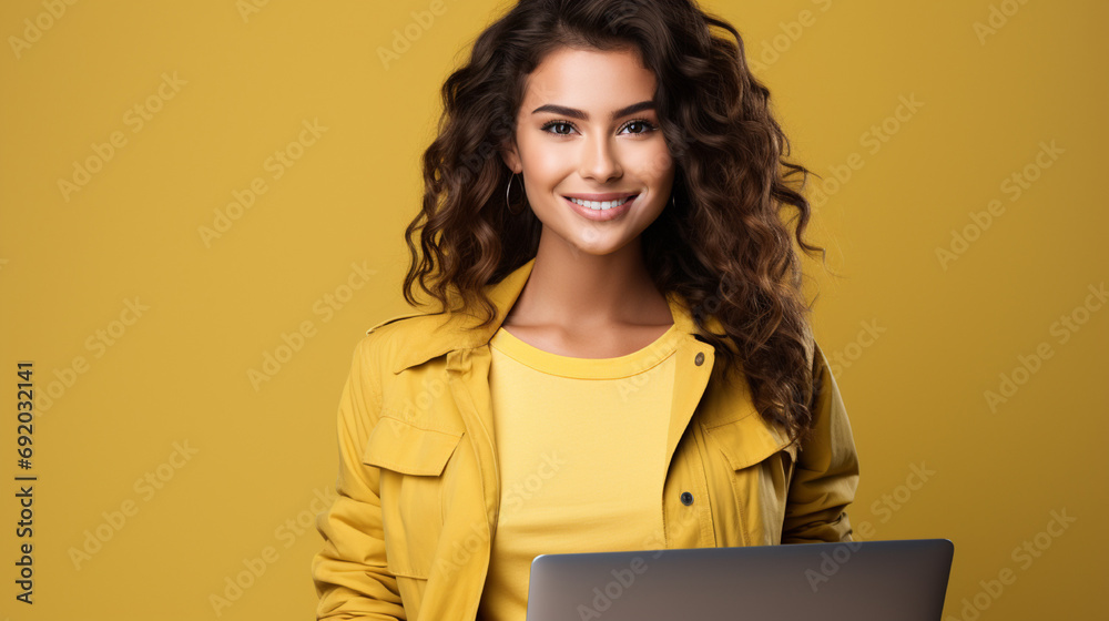 Young woman holding laptop on vibrant yellow studio background Young woman holding laptop on vibrant yellow studio background
