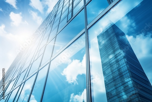 Reflective skyscrapers  business office buildings. Low angle photography of glass curtain wall details of high-rise buildings. The window glass reflects the blue sky and white clouds