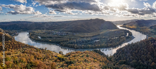 Panorama of Wachau valley (UNESCO) during autumn with Danube river near the Durnstein village in Lower Austria, Austria photo