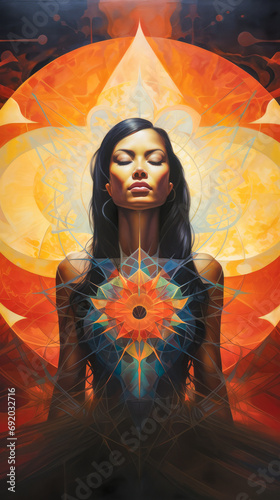 Asian woman connecting in harmony with the cosmos. Cosmic meditation abstract art concept.