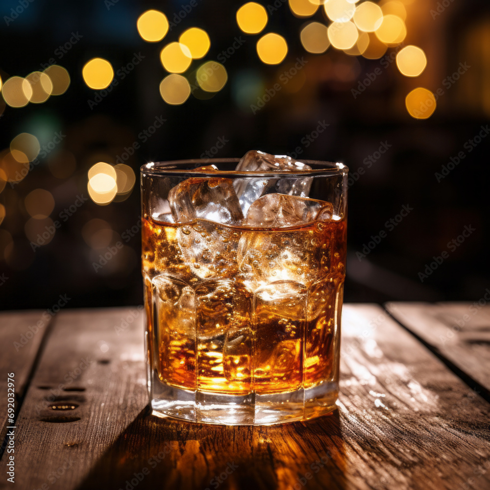 Glass of whiskey with ice on the bar desk with blurry background