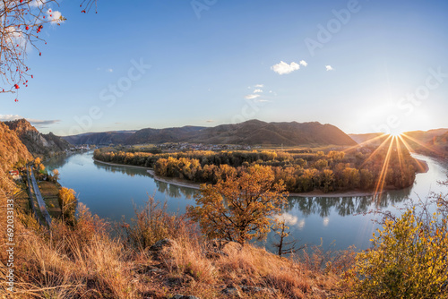 Panorama of Wachau valley  UNESCO  during autumn with Danube river near the Durnstein village in Lower Austria  Austria