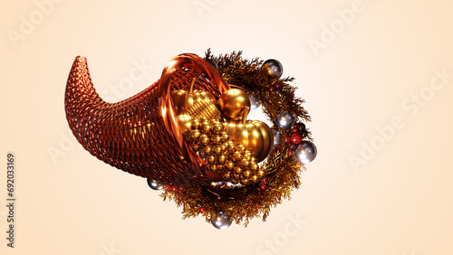 Golden cornucopia plenty horn for happy thanksgiving days full with fruits pumpkin corn grape orange 3D rendering
