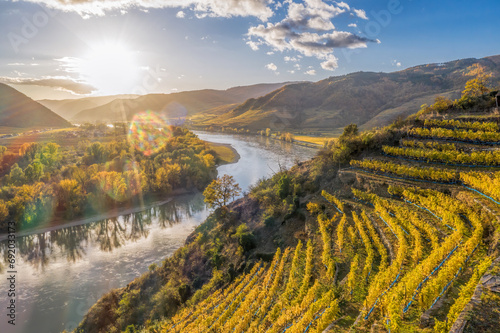 Panorama of Wachau valley (UNESCO) with autumn vineyards against Danube river near the Durnstein village in Lower Austria, Austria