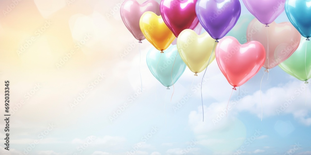 Colorful heart balloons floating in the air. Rainbow balloons flying in the sky