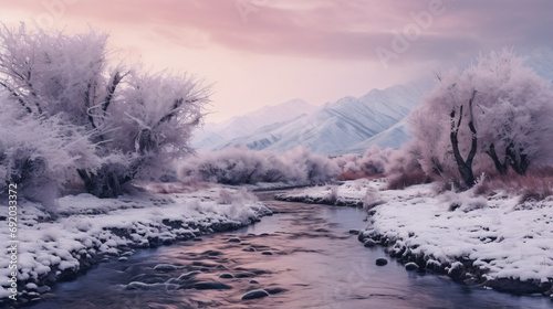 A beautifull winter landscape featuring snowy mountains and a river. Generated AI