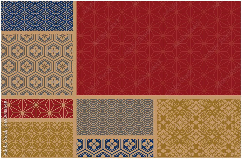 Organized into various oriental patterns Mixed background Asia pattern graphic design elements gold red