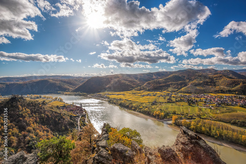 Panorama of Wachau valley  UNESCO  during autumn with Danube river near the Durnstein village in Lower Austria  Austria