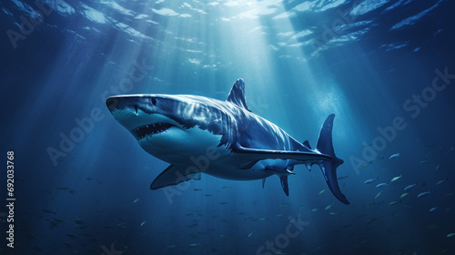 Shark in deep blue ocean generative ai. © allasimacheva