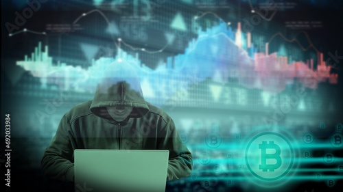 hooded male hacker and crypto currency concept photo