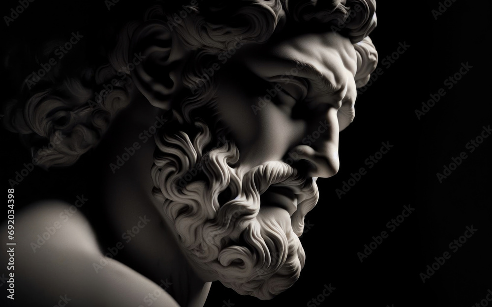 Head and shoulders detail of the ancient man with beard sculpture. Antique face with whiskers statue on black background